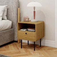 HOMCOM Bedside Table with Drawer and Open Shelf - Oak(m-8)