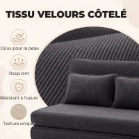 HOMCOM Canapé-Lit Pliant, Chauffeuse 2 Places Convertible Velours Côtelé, Dossier Réglable, Assise Large, 2 Oreillers, Gris(m-7)