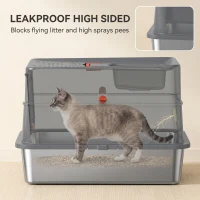 PawHut Stainless Steel Cat Litter Tray with Lid, XL 90L Enclosed Cat Litter Box with Step, Scoop, High Side, Dark Grey(m-7)