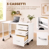 HOMCOM Scrivania Ufficio Pieghevole con 3 Cassetti, 4 Ruote con Freno, Bianco(m-5)