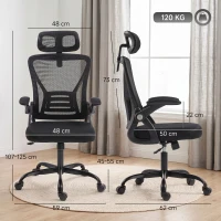 HOMCOM Scaun de Birou Ergonomic cu Brațe Rabatabile, Tetieră și Înălțime Reglabile, din Plasă Respirabilă, Negru(m-3)