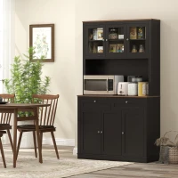 HOMCOM Armário de Cozinha com 3 Portas de Vidro Compartimento Aberto 2 Gavetas e Prateleiras Ajustáveis 100x40x180 cm Preto(m-11)