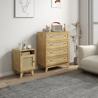 HOMCOM Chest of Drawer with 4 Rattan Drawers, Beside Table with Door, Natural(m-10)