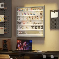 HOMCOM Bacheca Portaoggetti a 5 Ripiani Regolabili in Legno con Ante in Vetro, 80x9.5x83 cm, Bianco e Grigio(m-9)