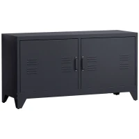HOMCOM Meuble TV banc télévision design industriel 2 placards avec 2 étagères réglables passe-câbles structure acier noir(m-1)