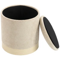 HOMCOM Pouf coffre rangement, tabouret rond en chenille, pouf repose-pieds avec base en métal effet bois, beige(m-16)