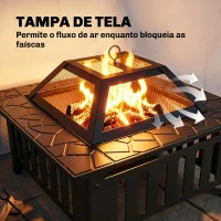 Outsunny Fogareiro Exterior Quadrado em Aço, 67x67x47 cm, com Atiçador e Tampa de Malha, para Festas, Preto(m-7)