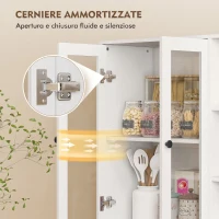 HOMCOM Credenza Cucina Alta, Mobile Dispensa con 4 Ante in Vetro Soft-Close, 6 Ripiani Aperti, Ripiani Regolabili Bianco(m-6)