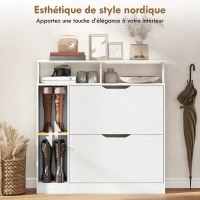 HOMCOM Meuble à chaussures, armoire à chaussures, 2 tiroirs rabattables, compartiments ouverts et étagère réglable, blanc(m-7)
