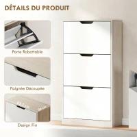 HOMCOM Meuble à chaussures 12 paires, armoire à chaussures étroite, 3 tiroirs rabattables, chêneet blanc(m-6)