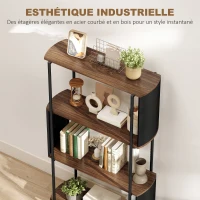 HOMCOM Étagère de rangement, bibliothèque à 4 niveaux avec panneaux latéraux incurvés, cadre en acier, 80x30x141cm, marron(m-5)
