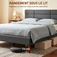 HOMCOM Cadre de Lit 140 x 200 cm avec Sommier Bois, Lit Double Rembourré en Effet Lin, Rangement au-dessous, Sans Bruit, Gris(m-6)