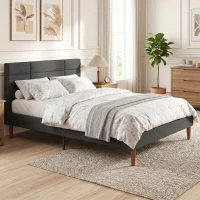 HOMCOM Cadre de Lit 140 x 200 cm avec Sommier Bois, Lit Double Rembourré en Effet Lin, Rangement au-dessous, Sans Bruit, Gris(m-8)