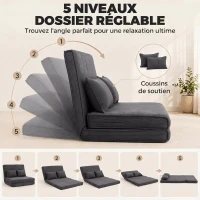 HOMCOM Canapé-Lit Pliant, Chauffeuse 2 Places Convertible Velours Côtelé, Dossier Réglable, Assise Large, 2 Oreillers, Gris(m-5)
