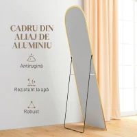 HOMCOM Oglindă de Podea și Perete Modernă din Aliaj de Aluminiu cu Suport Pliabil, 50x161.5 cm, Aur(m-6)