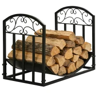 Outsunny Portalegna da Interno ed Esterno in Metallo con Ripiano Curvo, Fino 60kg di Legna, Nero, 60.5x36x46.5cm(m-1)