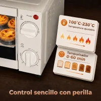 HOMCOM Mini Forno Elétrico 9L com Temperatura Ajustável até 230°C Temporizador 60 min e Bandeja para Assar 35x24,6x20 cm Creme(m-7)