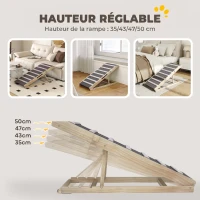 PawHut Rampe pour Chien en Bois avec Tapis Antidérapants, 4 Hauteurs Réglables de 35-50 cm, 100x50x50cm, Bois Naturel et Gris(m-6)