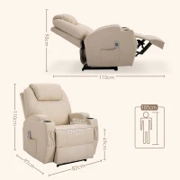 HOMCOM Fernsehsessel Elektrisch Relaxsessel mit Liegefunktion Aufstehhilfe Massage Massagesessel mit verstellbar Rückenlehne Seitentasche Getränkehalter TV Sessel bis 160kg für Wohnzimmer Cremeweiß(m-3)