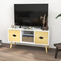 HOMCOM Meuble TV jusqu'à 40 pouces pieds en bois massif 4 tiroirs 1 niche centrale 90 x 30 x 46 cm naturel blanc(m-10)