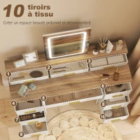 HOMCOM Coiffeuse avec miroir et lumières LED 3 couleurs, table de maquillage 10 tiroirs en tissu, 118,5 x 39,5 x 140 cm naturel(m-5)