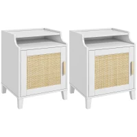 HOMCOM Lot de 2 tables de chevet table de nuit avec placard porte rotin tissé + niche design bohème naturel blanc(m-11)
