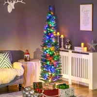 HOMCOM 6' Artificial Prelit Christmas Trees Holiday Décor with Colourful LED Lights, Pencil Shape, Steel Base(m-2)