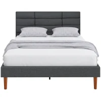 HOMCOM Cadre de Lit 140 x 200 cm avec Sommier Bois, Lit Double Rembourré en Effet Lin, Rangement au-dessous, Sans Bruit, Gris(m-16)