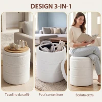 HOMCOM Pouf Contenitore Rotondo 33L in Tessuto Sherpa con Coperchio, Capacità 120kg, Soggiorno, Ingresso, Bianco(m-4)