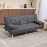 HOMCOM Canapé convertible 3 places, canapé-lit rembourré avec dossier réglable 3 niveaux, 2 coussins et 2 porte-gobelets intégrés, tissu de lin, pour salon, chambre d'amis, petit espace, gris foncé(m-2)