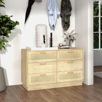 HOMCOM Cómoda para Quarto Cómoda de Madeira com 6 Gavetas de Vime Estilo Boêmio para Corredor Escritório 110x40x69 cm Carvalho(m-10)