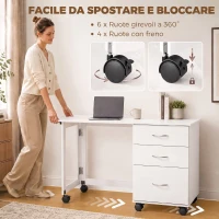 HOMCOM Scrivania Ufficio Pieghevole con 3 Cassetti, 4 Ruote con Freno, Bianco(m-6)