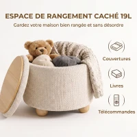 HOMCOM Pouf Coffre de Rangement Rond en Toile de Jute, Repose-pieds avec Couvercle, Pieds Bois Hévéa, Beige(m-5)