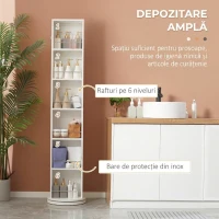 kleankin Mobilier coloană de baie pivotant cu oglindă 6 rafturi 36 x 36 x 171 cm alb(m-4)