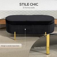 HOMCOM Panca Contenitore Ingresso Ovale 72L con Coperchio Sollevabile, Seduta Imbottita, in Velluto, Nero(m-5)