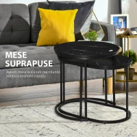 HOMCOM Set 2 măsuțe de cafea cu blat cu efect de marmură, din lemn și oțel, Ø50x50.5 cm și 60x36x43.5 cm, negru(m-18)