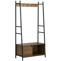 HOMCOM Móvel Cabide de Entrada com Sapateiro Banco 5 Ganchos Armário e Prateleira Aberta 84x40x169cm Marrom Rústico(m-1)