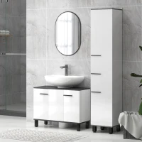 HOMCOM Móvel para Lavatório Pousar Móvel Casa de Banho com 2 Portas e Prateleira Ajustável para Lavatório com ou sem Pedestral 80x34x60 cm Branco Brilhante(m-9)
