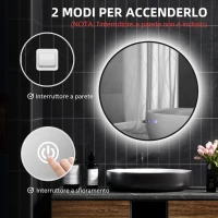 HOMCOM Specchio Bagno con Luce LED Regolabile, Antiappannamento e Display Tempo e Temperatura, Ø70 cm, Nero(m-8)