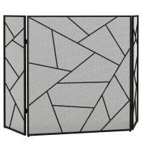 HOMCOM Parascintille per Camino Pieghevole a 3 Pannelli in Acciaio con Design Geometrico, 135x1.2x85cm, Nero(m-11)