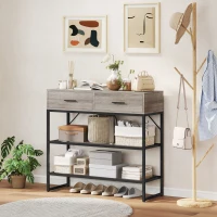 HOMCOM Consolă de Intrare cu 2 Sertare, 2 Rafturi din Plasă și Cârlig Lateral, Consolă în Lemn și Metal, Măsuță de Intrare pentru Dormitor, 100x35x92 cm, Gri Deschis(m-10)