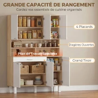 HOMCOM Buffet haut cuisine, armoire de cuisine, 6 portes, tiroir et étagères ouvertes, 120x40x175cm, blanc et bois naturel(m-4)