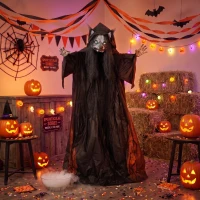 HOMCOM 67"/170cm Life Size Animated Ghost with Werewolf Mask, Halloween Decorations Outdoor Indoor, Scary Halloween Animatronic(m-14)