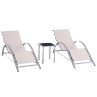 Outsunny Set de 2 Șezlonguri și Măsuță cu Blat din Sticlă, 59x169x66 cm, Crem(m-11)