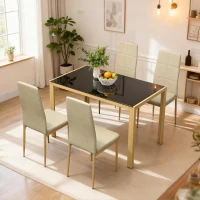 HOMCOM Ensemble Table à Manger avec 4 Chaises en Cuir Synthétique, Plateau Rectangulaire en Verre Trempé, 120x70x75cm, Naturel(m-10)