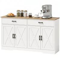 HOMCOM Sideboard Buffet Schrank, 140 cm Farmhaus Küchen-Schrank mit 2 Schubladen und 2 Schränken, Weiß(m-11)