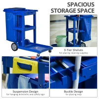 HOMCOM Janitor Cleaning Trolley, with Bin, Shelves and Hooks - Blue(m-4)