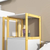 HOMCOM Meuble de rangement pour salle de bain avec cadre en bambou, étagère ouverte et porte à ouverture par pression, blanc(m-8)