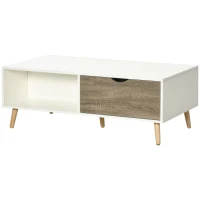 HOMCOM Coffee Table, Modern Tea Table with Open Storage Shelves, Two Drawers and Solid Wood Legs, Coffee Tables for Living Room, Bed Room, White(m-10)