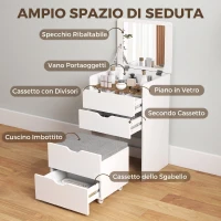 HOMCOM Toeletta 3 in 1 con Specchio Ribaltabile e Sgabello, con Cassetti, Bianco(m-5)